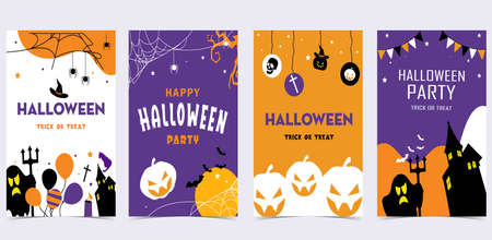 Party halloween postcard with web, spider, bat,pumpkin,house, skeletonのイラスト素材