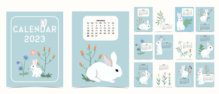 Cute seasonal holiday calendar 2023 with rabbit special festivalのイラスト素材