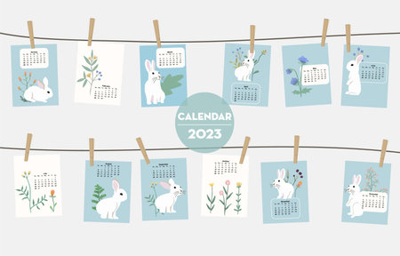 Cute seasonal holiday calendar 2023 with rabbit special festivalのイラスト素材