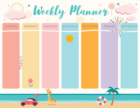 pastel cute planner with firework,beach.Can use for printable,scrapbook,diaryのイラスト素材
