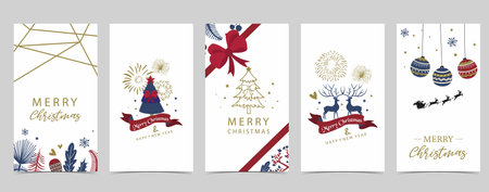 Cute christmas background for social media with tree,holly,ribbonのイラスト素材