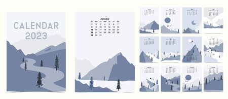 Cute seasonal holiday calendar 2023 with winterのイラスト素材
