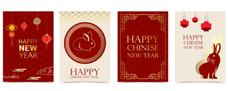 Gold red Chinese New Year card with rabbit,flower,lunarのイラスト素材