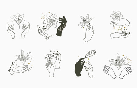 Beauty boho icon collection with hand, lily.Vector illustration for icon,sticker,printable and tattooのイラスト素材