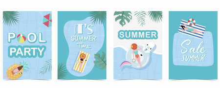 Party summer time postcard with pool and beach in the daytime backgroundのイラスト素材