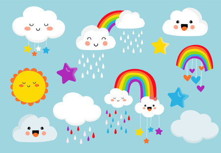 vivid rainbow set with cloud,sun,star,heart illustration for sticker,postcard,birthday invitation.Editable elementのイラスト素材