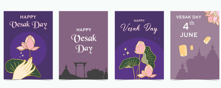 happy vesak day background with lotus and templeのイラスト素材