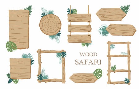 Wood frame collection of safari background set.Editable vector illustration for birthday invitation,postcard and stickerのイラスト素材