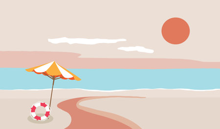 Summer background with umbrella, sea,sun,sky.Vector summer bannerのイラスト素材