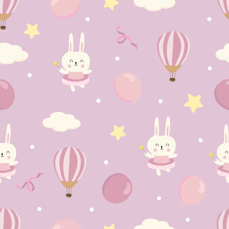 Baby shower seamless pattern  for girl with sky,balloon, star,rabbitのイラスト素材