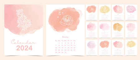 2024 watercolor monthly calendar with orange,yellow,pink.Vector illustration for kid and baby.Editable elementのイラスト素材