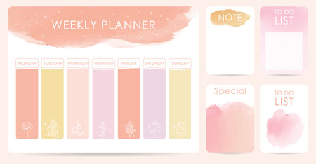 2024 watercolor planner with orange,yellow,pink.Vector illustration for kid and baby.Editable elementのイラスト素材