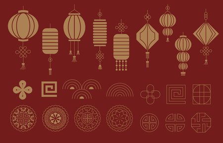 Gold red Chinese New Year element with lantern,pattern,moon cake outlineのイラスト素材