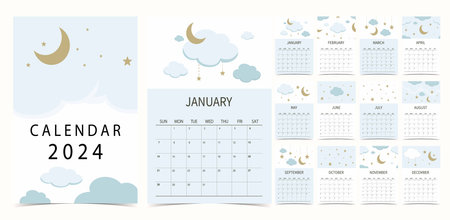 2024 table calendar week start on Sunday with moon that use for vertical digital and printable A4 A5 sizeのイラスト素材