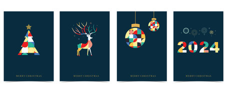 Christmas geometric background with ball,tree,reindeer.Editable vector illustration for postcard,a4 sizeのイラスト素材