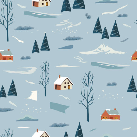 winter seamless pattern with mountain,tree.Editable vector illustration for postcard,fabric,tile
