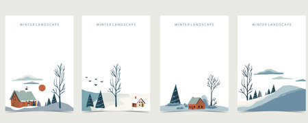 winter landscape background with mountain,tree.Editable vector illustration for postcard,a4 vertical sizeのイラスト素材