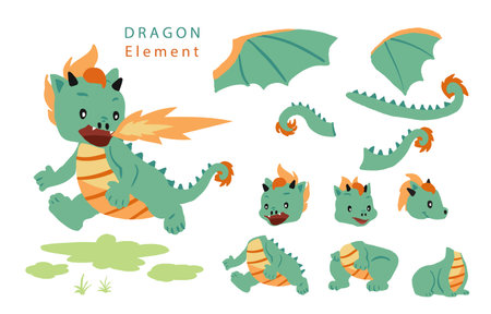 cute green dragon character.vector illustration for sticker,postcard elementのイラスト素材