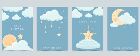 Baby shower invitation card for boy with balloon, cloud,sky, blueのイラスト素材