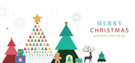 Christmas geometric banner background with christmas tree,reindeer.Editable vector illustration for postcard,horizontal sizeのイラスト素材