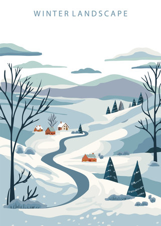 winter landscape background with mountain,tree.Editable vector illustration for postcard,a4 vertical sizeのイラスト素材