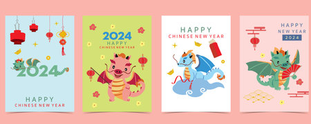 cute Chinese New Year background with lantern,dragon.Editable vector illustration for kid postcard,a4 sizeのイラスト素材