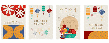 Chinese New Year background with lantern,dragon.Editable vector illustration for postcard,a4 sizeのイラスト素材
