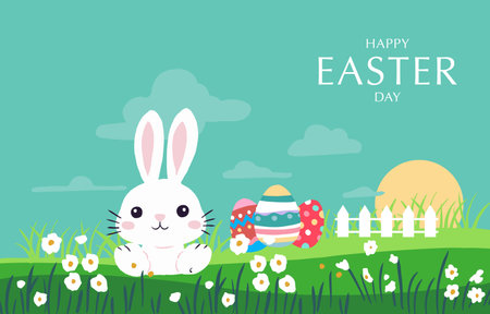 Collection of easter background set with rabbit and egg in garden Editable vector illustration for horizontal bannerのイラスト素材