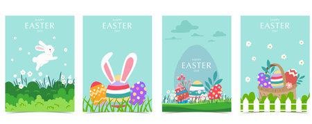 Collection of easter background set with rabbit and egg in garden Editable vector illustration for A4 vertical postcardのイラスト素材