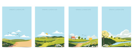 Spring landscape background with mountain and tree Editable vector illustration for postcard,a4 vertical sizeのイラスト素材