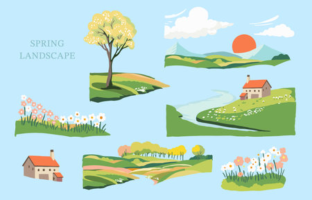 Spring landscape element set with mountain and tree Editable vector illustration for graphic dedsignのイラスト素材