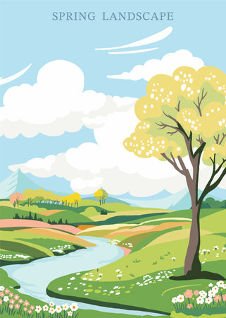 Spring landscape background with mountain and tree Editable vector illustration for postcard,a4 vertical sizeのイラスト素材