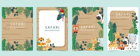 safari banner with giraffe,elephant,zebra,fox and leaf frame.vector illustration for a4 designのイラスト素材