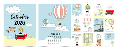 2025 table monthly calendar week start on Sunday with travel that use for vertical digital and printable A4 A5 sizeのイラスト素材