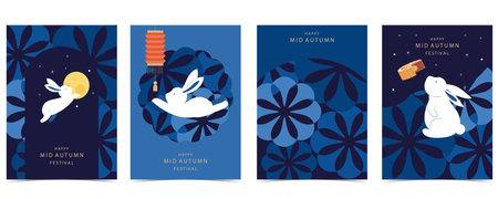 mid-autumn festival background with rabbit,mooncake,moon .vector for a4 vertical designのイラスト素材