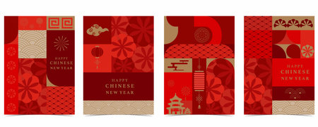 Happy Chinese New Year geometric background with firework,lantern.Editable vector illustration for vertical A4 designのイラスト素材