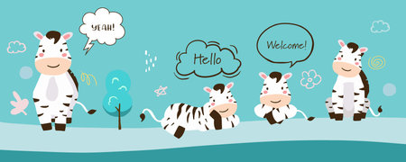 cute zebra template banner with hello,welcome for horizontal designのイラスト素材