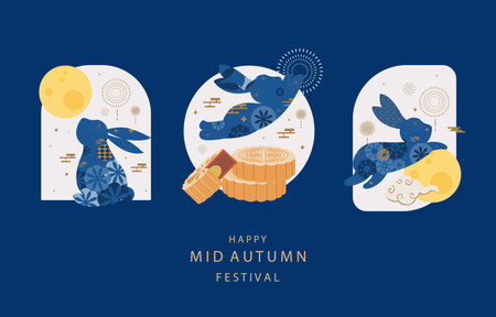 mid-autumn festival background with rabbit,mooncake,moon .vector for horizontal designのイラスト素材