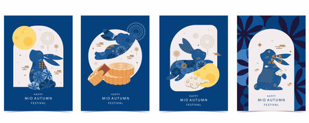 mid-autumn festival background with rabbit,mooncake,moon .vector for a4 vertical designのイラスト素材