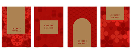 Happy Chinese New Year on red background with flower,lantern.Editable vector illustration for vertical A4 designのイラスト素材