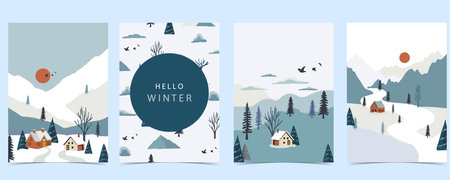 winter landscape background with mountain,tree.Editable vector illustration for postcard vertical...