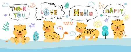 cute baby tiger template banner with hello,thank you for horizontal designのイラスト素材