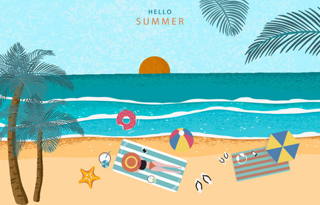 summer landscape grain texture background with beach and people activities for horizontal designのイラスト素材