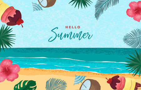 Hello summer background with palm leaves,ice cream,flower  frame for horizontal designのイラスト素材
