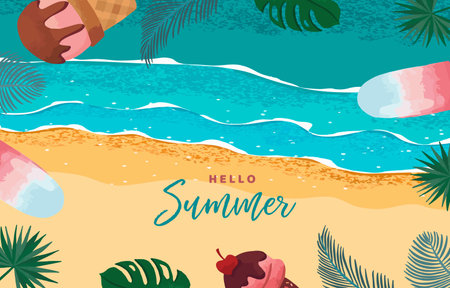 summer sale background with palm leaves,ice cream  frame for horizontal designのイラスト素材