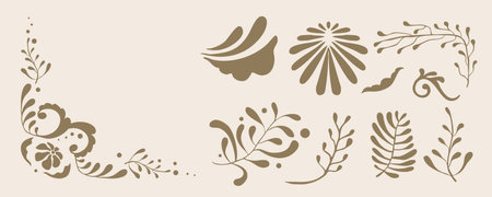 Retro flower and leaves border element object in wavy line styleのイラスト素材