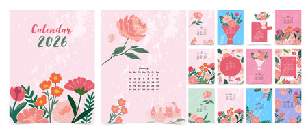 2026 table yearly calendar week start on Sunday with flower that use for vertical digital and printable A4 A5 sizeのイラスト素材
