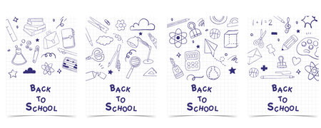 Back to school on grid background with cute blue doodle decoration for A4 vertical designのイラスト素材