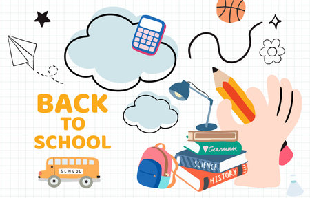 Back to school  on grid background with book,pencil,bus for horizontal design
