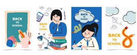 Back to school on grid paper background with pencil,bag,girl for A4 vertical designのイラスト素材